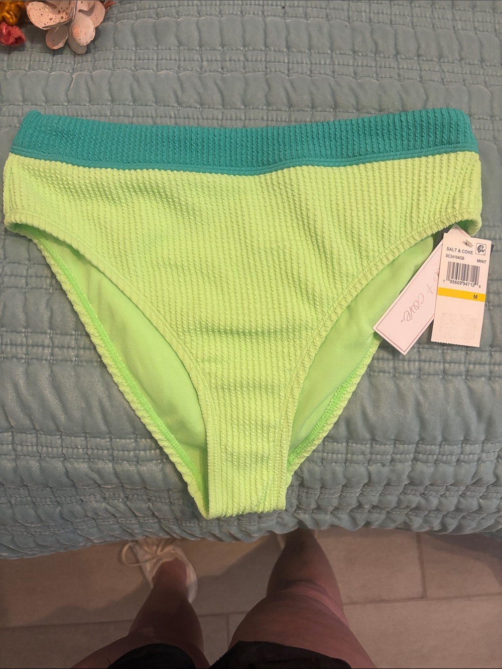 Salt + Cove Neon Lime Bikini Bottom with Teal Waistband